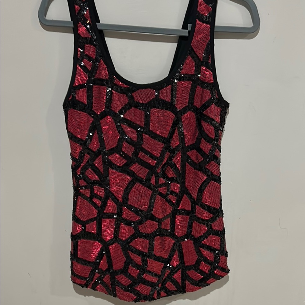 Red and Black Sequin Fitted Tank Top